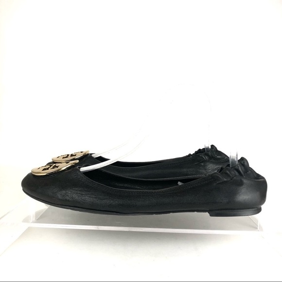 Tory Burch Reva Black Leather Ballet Flats Gold Logo Sz 7.5 - Picture 3 of 7